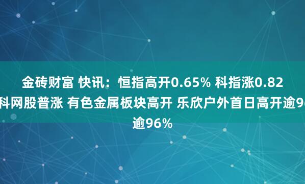 金砖财富 快讯：恒指高开0.65% 科指涨0.82% 科网股普涨 有色金属板块高开 乐欣户外首日高开逾96%